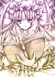 Rule 34 | 1girl, bad id, bad pixiv id, book, cheong ha, female focus, graphite (medium), hat, holding, long hair, mixed media, monochrome, open book, patchouli knowledge, solo, touhou, traditional media