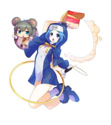Rule 34 | 2girls, :o, animal ears, arm up, bag, bandeau, black gloves, blue eyes, blue hair, blush, breasts, bridget (guilty gear), bridget (guilty gear) (cosplay), character name, chibi, commentary request, cookie (touhou), cosplay, egg, fingerless gloves, full body, gloves, grey hair, guilty gear, guilty gear xx, habit, headband, highres, holding, holding bag, hoop, kumoi ichirin, long sleeves, looking at viewer, medium breasts, mouse ears, multiple girls, nazrin, neck ribbon, nun, open mouth, ribbon, shoes, socks, tarmo, touhou, transparent background, white legwear, wrist cuffs, yellow ribbon