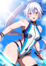 Rule 34 | 1girl, bare shoulders, blue one-piece swimsuit, blue sky, blush, breasts, competition swimsuit, dual wielding, energy sword, fate/grand order, fate (series), hair between eyes, hara (harayutaka), highleg, highleg swimsuit, highres, holding, large breasts, long hair, looking at viewer, one-piece swimsuit, open mouth, ponytail, red eyes, silver hair, sky, slit pupils, smile, sunlight, swimsuit, sword, thigh strap, thighs, tomoe gozen (fate), tomoe gozen (swimsuit saber) (fate), tomoe gozen (swimsuit saber) (first ascension) (fate), turtleneck, turtleneck one-piece swimsuit, two-tone swimsuit, very long hair, weapon, white one-piece swimsuit