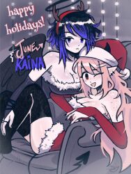 Rule 34 | 2girls, black thighhighs, breasts, couch, halo, highres, june (megrocks), kaina (megrocks), megrocks, merry christmas, mole, mole on breast, multiple girls, one eye closed, original, pink hair, red eyes, tail, thighhighs