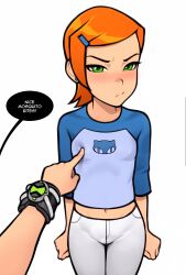 Rule 34 | 1boy, 1girl, armpit crease, asymmetrical hair, ben 10, ben tennyson, blue shirt, blush, breasts, commentary, cousins, covered erect nipples, cowboy shot, english commentary, english text, green eyes, gwen tennyson, hair ornament, hairclip, highres, incest, long sleeves, loodncrood, medium hair, midriff, navel, orange hair, pants, poking nipple, pout, pov, shirt, simple background, small breasts, solo focus, speech bubble, white background, white pants