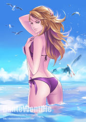 Rule 34 | 1girl, alternate costume, animal, arm up, artist name, ass, bare arms, bare back, bare shoulders, bikini, bird, blonde hair, breasts, cloud, dantewontdie, day, covered erect nipples, from behind, gradient hair, green eyes, hand on own chest, horizon, looking at viewer, looking back, medium breasts, motion blur, multicolored hair, outdoors, parted lips, purple bikini, purple hair, seagull, side-tie bikini bottom, solo, standing, swimsuit, teeth, touhou, wading, water, water drop, watermark, web address, wet, yakumo yukari