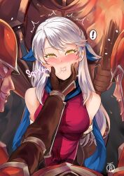 Rule 34 | !, 1girl, armor, bare shoulders, blank eyes, blue headwear, blue scarf, breasts, fire emblem, fire emblem: radiant dawn, grabbing another&#039;s chin, grey hair, hand on another&#039;s chin, highres, medium breasts, micaiah (fire emblem), multiple boys, nintendo, revolverwing, scarf, solo focus, squishing, yellow eyes