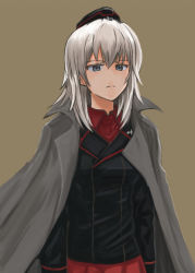 Rule 34 | 1girl, black hat, black jacket, blue eyes, brown background, coat, commentary, cowboy shot, dress shirt, frown, garrison cap, girls und panzer, glaring, grey coat, half-closed eyes, hat, insignia, itsumi erika, jacket, jacket on shoulders, kuromorimine military uniform, long hair, long sleeves, looking at viewer, military, military hat, military uniform, mutsu (layergreen), parted lips, pleated skirt, red shirt, red skirt, shirt, silver hair, simple background, skirt, solo, standing, trench coat, uniform