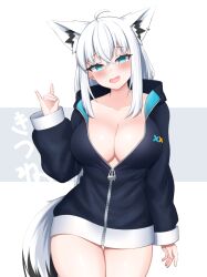 Rule 34 | 1girl, ahoge, alternate breast size, animal ear fluff, animal ears, aqua eyes, blush, breasts, cleavage, fox ears, fox girl, fox shadow puppet, fox tail, hair between eyes, highres, hololive, hood, hoodie, large breasts, llxr18, long hair, long sleeves, looking at viewer, low-tied long hair, official alternate costume, open mouth, shirakami fubuki, shirakami fubuki (loungewear), solo, tail, thick thighs, thigh gap, thighs, very long hair, virtual youtuber, white background, white hair