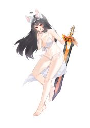 1girl :d absurdres animal_ear_fluff animal_ears barefoot bikini black_hair blush breasts commentary_request front-tie_bikini_top front-tie_top highres holding holding_sword holding_weapon korean_commentary large_breasts legs long_hair navel open_mouth original side-tie_bikini_bottom simple_background smile solo standing standing_on_one_leg swimsuit sword tongue weapon white_background white_bikini yeoleum