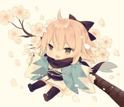 Rule 34 | 1girl, :d, beige background, black footwear, black thighhighs, blonde hair, blush, bow, branch, brown bow, brown eyes, brown scarf, chibi, fang, fate/grand order, fate (series), flower, full body, hair between eyes, hair bow, highres, japanese clothes, kimono, koha-ace, long sleeves, looking at viewer, mimo lm, obi, okita souji (fate), okita souji (koha-ace), open clothes, open mouth, outstretched arms, sash, scarf, shoe soles, simple background, sleeves past wrists, smile, solo, stirrup legwear, thighhighs, toeless legwear, white flower, white kimono, wide sleeves