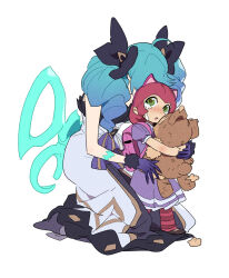 Rule 34 | 2girls, ahoge, animal ears, annie (league of legends), arm tattoo, bag, bear ears, black bow, blue gloves, blue hair, blush, bow, brown footwear, crying, dress, drill hair, facial mark, gloves, green eyes, gwen (league of legends), hair bow, highres, holding, holding stuffed toy, hug, hug from behind, league of legends, looking up, multiple girls, open mouth, purple dress, red hair, school bag, scissors, seiza, short sleeves, simple background, sitting, socks, striped clothes, striped socks, stuffed animal, stuffed toy, tattoo, tears, teddy bear, tibbers, twin drills, white background, zaket07