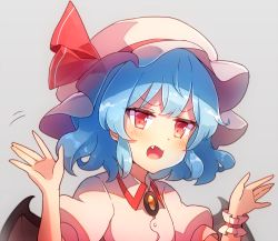 Rule 34 | 1girl, 60mai, bat wings, blue hair, blush, brooch, commentary request, dress, fang, grey background, hands up, hat, hat ribbon, jewelry, jitome, looking at viewer, mob cap, open mouth, pink dress, pink hat, puffy short sleeves, puffy sleeves, red eyes, red ribbon, remilia scarlet, ribbon, short hair, short sleeves, simple background, solo, touhou, upper body, wings, wrist cuffs