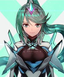 Rule 34 | 1girl, armor, breasts, earrings, elbow gloves, female focus, gem, gloves, green eyes, green hair, hair ornament, headpiece, highres, jewelry, large breasts, long hair, looking at viewer, matching hair/eyes, nintendo, pneuma (xenoblade), ponytail, simple background, smile, solo, spoilers, swept bangs, tarbo (exxxpiation), tiara, white background, xenoblade chronicles (series), xenoblade chronicles 2