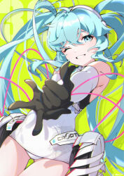 Rule 34 | 1girl, 39, absurdres, akovo, aqua eyes, aqua hair, artist name, black gloves, cowboy shot, detached sleeves, dot nose, dutch angle, gloves, gun, handgun, hatsune miku, highres, long hair, looking at viewer, making-of available, one eye closed, outstretched arms, panties, parted lips, racing miku, racing miku (2014), solo, teeth, underwear, very long hair, vocaloid, weapon, white panties, white sleeves