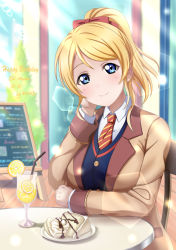 Rule 34 | 1girl, ayase eli, birthday, blonde hair, blue eyes, bow, dated, hair ribbon, happy birthday, highres, long hair, looking at viewer, love live!, love live! school idol project, necktie, ponytail, ribbon, scrunchie, smile, solo, white scrunchie, xiaoxin041590