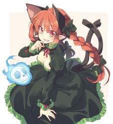Rule 34 | 1girl, animal ears, blush, braid, breasts, cat ears, cat tail, cleavage, cleavage cutout, clothing cutout, dress, extra ears, fangs, from above, green dress, hair ribbon, kaenbyou rin, long hair, long sleeves, looking at viewer, medium breasts, multiple tails, open mouth, pointy ears, puffy sleeves, red eyes, red hair, ribbon, satou kibi, sen to chihiro no kamikakushi, sitting, skull, smile, solo, tail, touhou, tress ribbon, twin braids