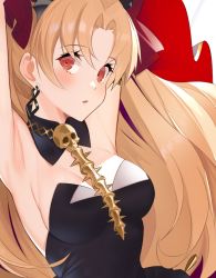 Rule 34 | 1girl, :o, armpits, arms up, black detached collar, black dress, blonde hair, blush, breasts, detached collar, dress, earrings, ereshkigal (fate), eyebrows hidden by hair, eyes visible through hair, fate/grand order, fate (series), hair ornament, hair ribbon, harukagi, hoop earrings, jewelry, long hair, looking at viewer, medium breasts, neck, necklace, open mouth, parted bangs, red eyes, red ribbon, ribbon, skull, skull necklace, solo, spine, straight hair, strapless, strapless dress, two side up, type-moon, upper body, very long hair