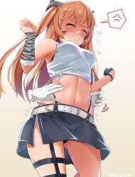 Rule 34 | 1girl, absurdres, anger vein, asymmetrical gloves, belt, black gloves, black panties, black skirt, blush, clenched teeth, closed eyes, fake horns, gloves, gluteal fold, gradient background, highres, horns, johnston (kancolle), kantai collection, light brown hair, long hair, mismatched gloves, motion lines, navel, official alternate costume, panties, skirt, solo, spoken anger vein, takashi (nougyou), tank top, teeth, thigh strap, tickling, tickling sides, twitter username, two side up, underwear, white belt, white tank top