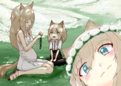 Rule 34 | 3girls, absurdres, animal ears, arknights, bare shoulders, big belly, black skirt, blonde hair, blue eyes, blurry, blush, child, close-up, closed eyes, dog ears, dog tail, dress, flower, grass, head wreath, highres, holding, holding flower, kuruzusu, long hair, looking at another, looking at viewer, mother and daughter, motherly, multiple girls, on ground, podenco (arknights), pregnant, sandals, shirt, sitting, skirt, sundress, tail, white dress, white shirt