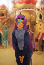 Rule 34 | 1girl, absurdres, middle eastern architecture, blue eyes, blue jacket, blurry, blurry background, blush, casual, dark-skinned female, dark skin, denim, dhamca, earrings, eyewear on head, female focus, forehead jewel, hair down, highres, hoop earrings, jacket, jeans, jewelry, long hair, looking at viewer, open clothes, open jacket, open mouth, own hands together, pants, pointy ears, purple hair, shantae, shantae (series), smile, solo, standing, sunglasses, sunglasses on head, sweater, tiara, turtleneck, turtleneck sweater, very long hair, white sweater