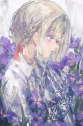 Rule 34 | 1girl, absurdres, blonde hair, blue eyes, braid, collared shirt, flower, from side, hand up, highres, huge filesize, mechanical arms, parted lips, profile, prosthesis, prosthetic arm, purple flower, rsef, shirt, solo, upper body, violet (flower), violet evergarden, violet evergarden (series), white shirt, wing collar