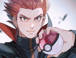 Rule 34 | 1boy, blurry, cape, closed mouth, commentary request, creatures (company), depth of field, game freak, grey eyes, hand up, highres, holding, holding poke ball, jacket, lance (pokemon), long sleeves, male focus, nintendo, ogege (ogege kyit), poke ball, poke ball (basic), pokemon, pokemon hgss, popped collar, red hair, short hair, solo, spiked hair, turtleneck, turtleneck jacket, upper body