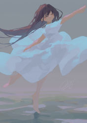 Rule 34 | 1girl, ballet, bare arms, bare shoulders, brown hair, closed mouth, commentary request, dancing, dress, closed eyes, grey background, highres, long hair, original, outstretched arms, potg (piotegu), short sleeves, signature, smile, solo, white dress