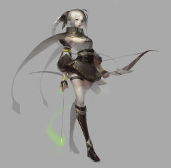Rule 34 | 1girl, absurdres, arrow (projectile), bare shoulders, bean sprouts (6651003), boots, bow (weapon), detached sleeves, elf, fingerless gloves, fingernails, gloves, green eyes, grey background, grey hair, highres, holding, holding arrow, holding bow (weapon), holding weapon, long hair, original, parted lips, pointy ears, red lips, simple background, solo, thigh strap, weapon