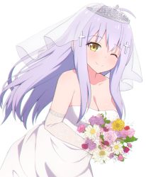 Rule 34 | 1girl, ;), blush, bouquet, breasts, chromatic aberration, cleavage, closed mouth, collarbone, commentary request, cross hair ornament, dress, elbow gloves, flower, gabriel dropout, gloves, hair ornament, highres, holding, holding bouquet, large breasts, leaning forward, light purple hair, long hair, looking at viewer, nyaroon, one eye closed, raphiel shiraha ainsworth, sidelocks, simple background, smile, solo, tiara, upper body, veil, wedding dress, white background, white dress, yellow eyes