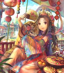 Rule 34 | 1girl, architecture, brown hair, crown, east asian architecture, hand fan, fingernails, floral print, flower, food, fuzichoco, hair ornament, highres, lantern, long fingernails, nail, new year, open mouth, original, paper lantern, pond, rose, smile, solo, tiger, water