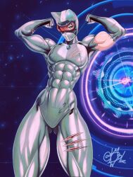 Rule 34 | 1girl, abs, animal ears, arms up, biceps, bodysuit, capcom, cat ears, damaged, exoprimal, faceless, flexing, gluteal fold, helmet, highres, mostlybluewyatt, muscular, muscular female, pectorals, solo, thick thighs, thighs, vigilant (exoprimal)