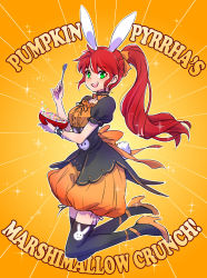 Rule 34 | 1girl, animal ears, rabbit ears, rabbit tail, cereal, cereal box, commentary request, english text, fake animal ears, fake tail, food, green eyes, halloween, halloween costume, happy, high heels, highres, iesupa, marshmallow, ponytail, pumpkin pants, pyrrha nikos, red hair, rwby, solo, sparkle, spoon, tail, thighhighs