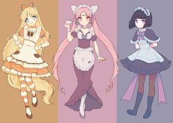 Rule 34 | 3girls, :d, absurdres, aged up, aino minako, alternate costume, apron, arms behind head, bishoujo senshi sailor moon, black hair, black lady (sailor moon), blonde hair, blue eyes, blunt bangs, boots, bow, chibi usa, closed mouth, collar, commentary, cone hair bun, crescent, crescent facial mark, cup, detached collar, detached sleeves, english commentary, enmaided, facial mark, full body, hair bun, hands on own hips, happy, highres, holding, holding cup, long hair, looking at viewer, maid, multiple girls, open mouth, parted bangs, pink eyes, pink hair, puffy detached sleeves, puffy sleeves, purple eyes, sailor saturn, sailor venus, short hair, short sleeves, simple background, smile, standing, standing on one leg, tomoe hotaru, twintails, v-shaped eyebrows, very long hair, waist apron, white apron, yaya chan