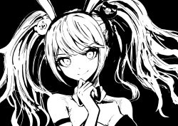 Rule 34 | 1girl, absurdres, animal ears, bear hair ornament, black background, breasts, collarbone, danganronpa: trigger happy havoc, danganronpa (series), detached collar, enoshima junko, fake animal ears, greyscale, hair ornament, hand on own chin, hand up, highres, kyua moto, leotard, long hair, medium breasts, monochrome, official alternate costume, playboy bunny, rabbit ears, skindentation, smile, solo, twintails