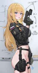 Rule 34 | 1girl, ass, black gloves, black jacket, blonde hair, blue eyes, blush, bottomless, breasts, candy, character request, copyright request, food, gloves, gun, handgun, highres, holding, holding candy, holding food, holding gun, holding lollipop, holding weapon, holster, jacket, large breasts, lollipop, long hair, looking at viewer, looking to the side, marker, mp-443 grach, russian flag, sawkm, skindentation, smile, solo, tactical clothes, thigh holster, thigh strap, tongue, tongue out, very long hair, weapon, whiteboard