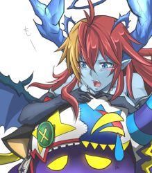 Rule 34 | 1girl, ahoge, bare shoulders, black gloves, blue eyes, blue skin, blush stickers, buttons, collarbone, colored skin, demon girl, demon horns, demon wings, drawn joker (p&amp;d), elbow gloves, fang, gloves, halo, hera-is (p&amp;d), hera (p&amp;d), horns, jewelry, leaning, leaning forward, long hair, multicolored hair, necklace, open mouth, orange hair, pointy ears, puzzle &amp; dragons, red hair, simple background, solo, sweatdrop, two-tone hair, white background, wings, yukiji (mogari)