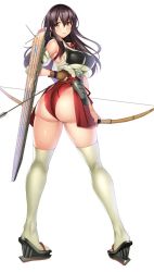 Rule 34 | 10s, 1girl, adapted costume, akagi (kancolle), armor, ass, bad anatomy, bare shoulders, bow (weapon), breasts, brown eyes, brown hair, closed mouth, commentary request, detached sleeves, faulds, flight deck, from behind, full body, gloves, highres, holding, holding bow (weapon), holding weapon, kantai collection, large breasts, leotard, lips, long hair, looking at viewer, looking back, muneate, partially fingerless gloves, partly fingerless gloves, shiny skin, shoes, simple background, smile, standing, straight hair, takeda aranobu, thighhighs, twisted torso, weapon, white background, white thighhighs, yugake