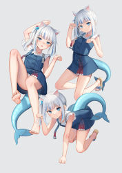 Rule 34 | 1girl, absurdres, all fours, animal ears, arm up, bare legs, barefoot, blue dress, blue eyes, blue hair, blue nails, blush, brown footwear, cat ears, commentary request, dress, feet, fins, fish tail, full body, gawr gura, gawr gura (casual), grey background, hand up, highres, hololive, hololive english, huge filesize, kemonomimi mode, kep (ahokep), kneehighs, leg up, long hair, looking at viewer, multicolored hair, multiple views, nail polish, official alternate costume, panties, pantyshot, paw pose, sandals, shark tail, side ponytail, smile, socks, soles, streaked hair, tail, toenail polish, toenails, toes, underwear, virtual youtuber, white hair, white panties