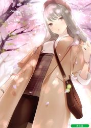 Rule 34 | 1girl, :o, absurdres, ama mitsuki, arm at side, artist name, bag, beret, between breasts, breasts, brown coat, brown pantyhose, brown skirt, cherry blossoms, coat, cowboy shot, day, dutch angle, eyelashes, from below, grey eyes, grey hair, hand up, handbag, hat, highres, jewelry, long coat, long hair, long sleeves, looking at viewer, looking down, medium breasts, melonbooks, miniskirt, necklace, open clothes, open coat, original, outdoors, pantyhose, parted bangs, petals, pink sweater, plaid, plaid skirt, red hat, scan, skirt, sleeves rolled up, solo, spring (season), strap between breasts, sweater, sweater tucked in, tree, watch, wristband, wristwatch
