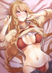 Rule 34 | 1girl, athena (granblue fantasy), beige sweater, blonde hair, blush, bra, braid, breasts, breasts apart, clothes lift, clothes pull, collarbone, collared shirt, commentary request, granblue fantasy, half-closed eyes, hands up, highres, large breasts, long hair, looking away, lying, navel, nukkoru, on back, open fly, panties, pants, pants pull, purple eyes, red bra, red panties, shirt, shirt lift, sidelocks, skindentation, solo, stomach, sweater, sweater lift, twin braids, underwear, very long hair, white shirt