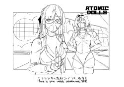 Rule 34 | 2girls, absurdres, ak-12 (girls&#039; frontline), an-94 (girls&#039; frontline), atomic heart, bullet, commentary, emile aoi, english commentary, english text, girls&#039; frontline, greyscale, highres, holding, holding bullet, indoors, jacket, left (atomic heart), leotard, long hair, mask, mechanical arms, monochrome, multiple girls, open clothes, open jacket, parody, ponytail, pov, right (atomic heart), scene reference