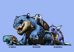 Rule 34 | absurdres, animal focus, black sclera, blacknirrow, blastoise, blue background, blue theme, brown eyes, character name, claws, closed mouth, colored sclera, creatures (company), english text, evolutionary line, from side, full body, game freak, gen 1 pokemon, head wings, highres, leg up, nintendo, no humans, open mouth, pokedex number, pokemon, pokemon (creature), realistic, red eyes, sharp teeth, shell, sketch, squirtle, standing, teeth, turtle, wartortle, wings