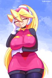Rule 34 | 1girl, alternate breast size, black thighhighs, blonde hair, blue background, blush, breasts, ciel (mega man), closed eyes, closed mouth, cowboy shot, dress, gloves, hair between eyes, hand on own face, headgear, highres, ichduhernz, large breasts, long hair, long sleeves, mega man (series), mega man zero (series), pink dress, ponytail, simple background, smile, solo, thighhighs, white gloves