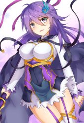 Rule 34 | 1girl, anemone (flower knight girl), armor, blue eyes, blush, breasts, cloak, flower, flower knight girl, hair ornament, kimukimu, long hair, looking at viewer, medium breasts, open mouth, purple hair, smile, solo, thighhighs