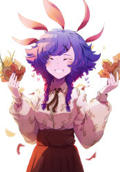 Rule 34 | 1girl, absurdres, alternate costume, alternate skin color, autumn, blue hair, blush, braid, breasts, brown ribbon, closed eyes, collared shirt, facing viewer, grin, hair ornament, happy, heart, highres, holding, holding leaf, large breasts, leaf, league of legends, long hair, long sleeves, neck ribbon, neeko (league of legends), neekoinator, pleated skirt, puffy long sleeves, puffy sleeves, purple hair, red skirt, ribbon, shirt, shirt tucked in, simple background, skirt, smile, teeth, twin braids, upper body, white background, x hair ornament