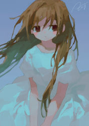Rule 34 | 1girl, blue background, blush, brown eyes, brown hair, closed mouth, commentary request, dress, highres, long hair, looking at viewer, original, potg (piotegu), short sleeves, signature, simple background, solo, white dress