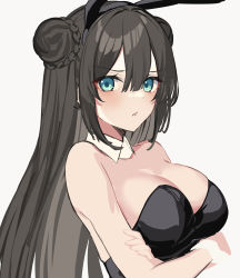 Rule 34 | 1girl, absurdres, animal ears, bare arms, bare shoulders, black hair, black leotard, blue eyes, braid, braided bun, breasts, cleavage, crossed arms, detached collar, double bun, fake animal ears, frown, hair bun, hairband, highres, large breasts, leotard, long hair, looking at viewer, original, parted lips, playboy bunny, rabbit ears, simple background, solo, strapless, strapless leotard, takehana note, upper body, white background