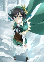 Rule 34 | 1boy, absurdres, androgynous, beret, black hair, blue hair, bow, braid, brooch, cape, closed mouth, collared cape, collared shirt, corset, flower, frilled sleeves, frills, from above, gem, genshin impact, gradient hair, green eyes, green hat, green shorts, hat, hat flower, highres, jewelry, kurorin5, leaf, long sleeves, looking at viewer, looking up, male focus, multicolored hair, pantyhose, pillar, shirt, shoes, short hair with long locks, shorts, snow, solo, twin braids, venti (genshin impact), vision (genshin impact), white flower, white pantyhose, white shirt