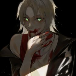 Rule 34 | 1boy, black background, blood, blood on clothes, blood on face, blood on hands, brown jacket, commentary, glowing, glowing eyes, green eyes, highres, jacket, kyoko (akakikyoko), licking, licking finger, light brown hair, male focus, open clothes, open jacket, parted bangs, saibou shinkyoku, shinano eiji, short hair, simple background, solo, symbol-only commentary, tank top, tongue, tongue out, white tank top