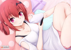 Rule 34 | 1girl, bat hair ornament, breasts, closed mouth, collarbone, cushion, fang, fang out, gabriel dropout, hair between eyes, hair ornament, hair rings, hand on own knee, holding, looking at viewer, medium breasts, off shoulder, pink eyes, red hair, satanichia kurumizawa mcdowell, shirt, sitting, smile, solo, vahn yourdoom, watermark, web address, white shirt