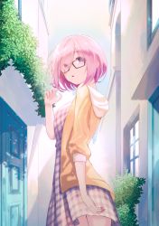 Rule 34 | 1girl, absurdres, black-framed eyewear, bosumonki, cardigan, casual, cowboy shot, day, dress, eyes visible through hair, eyewear visible through hair, fate/grand order, fate (series), from side, glasses, hair over one eye, highres, hooded cardigan, long sleeves, mash kyrielight, mash kyrielight (senpai killer outfit), official alternate costume, open cardigan, open clothes, open mouth, outdoors, pink hair, plaid, plaid dress, purple eyes, semi-rimless eyewear, short dress, short hair, solo, sundress, under-rim eyewear, white dress, yellow cardigan