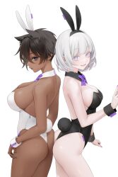 Rule 34 | 2girls, ass, ass-to-ass, black leotard, bow, breasts, brown hair, dark-skinned female, dark skin, detached collar, hair flaps, highres, large breasts, leotard, looking at viewer, looking to the side, medium breasts, micchan (ohisashiburi), multiple girls, nacchan (ohisashiburi), nail polish, ohisashiburi, open mouth, original, pale skin, playboy bunny, purple eyes, rabbit, rabbit tail, short hair, signature, smile, strapless, strapless leotard, tail, white background, white hair, white leotard, wrist cuffs, zipper
