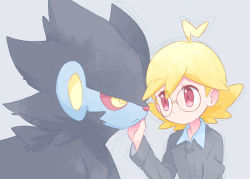 Rule 34 | 1boy, ahoge, akasaka (qv92612), alternate color, alternate eye color, blonde hair, clemont (pokemon), closed mouth, commentary request, creatures (company), eye contact, game freak, gen 4 pokemon, glasses, grey background, grey jumpsuit, hand up, jumpsuit, long sleeves, looking at another, luxray, male focus, nintendo, pokemon, pokemon (creature), pokemon xy, red eyes, upper body
